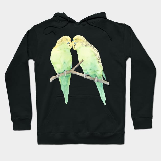 Budgies couple kiss watercolor portrait v2 Hoodie by Oranjade0122